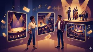 Современная иллюстрация с музыкальными инструментами для статьи о выборе билетов на джазовый концерт